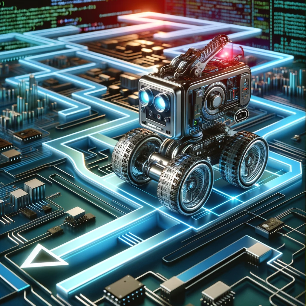 A sleek, futuristic robot navigating a complex maze, symbolizing the evolution from initial software architecture plans to a fully functional firmware. The robot, equipped with various sensors and actuators, is shown in the process of dynamically adapting its route based on real-time data analysis. The background is a stylized representation of software code and circuitry, blending into the maze to illustrate the integration of hardware and software. The overall atmosphere is one of innovation and precision, with a color palette that suggests technology and the digital world.