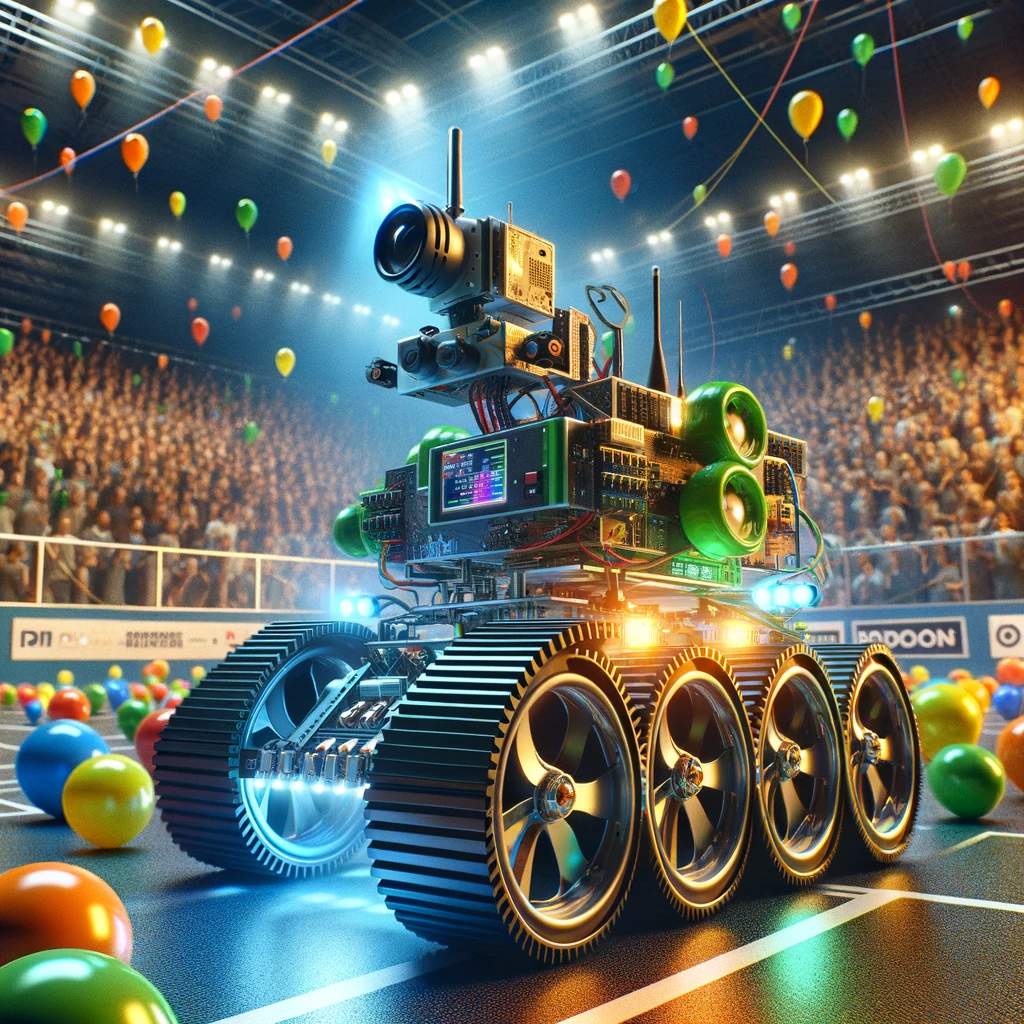 An autonomous robot equipped with Mecanum wheels and advanced sensors, including a camera and IR lighting, navigating a Pi Wars arena. The robot is actively detecting and targeting balloons with a precision mechanism, illustrating a high-tech approach to the Pi Noon challenge. The scene captures the robot in action, with a focus on its innovative features like the strobe lighting effect and the distinct wheels, set against the backdrop of a cheering audience and other competing robots. An autonomous robot equipped with Mecanum wheels and advanced sensors, including a camera and IR lighting, navigating a Pi Wars arena. The robot is actively detecting and targeting balloons with a precision mechanism, illustrating a high-tech approach to the Pi Noon challenge. The scene captures the robot in action, with a focus on its innovative features like the strobe lighting effect and the distinct wheels, set against the backdrop of a cheering audience and other competing robots.
