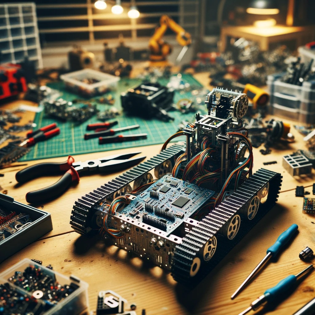 A detailed image of a robotic workshop with a focus on a robot chassis on a workbench. The chassis is equipped with a complex PCB and wiring, highlighting the recent assembly and wiring completion. The scene includes tools, scattered components, and a partially disassembled robot, conveying a sense of ongoing development and troubleshooting. The atmosphere is busy yet organized, reflecting the challenges and progress of a robotics team working on an advanced project.