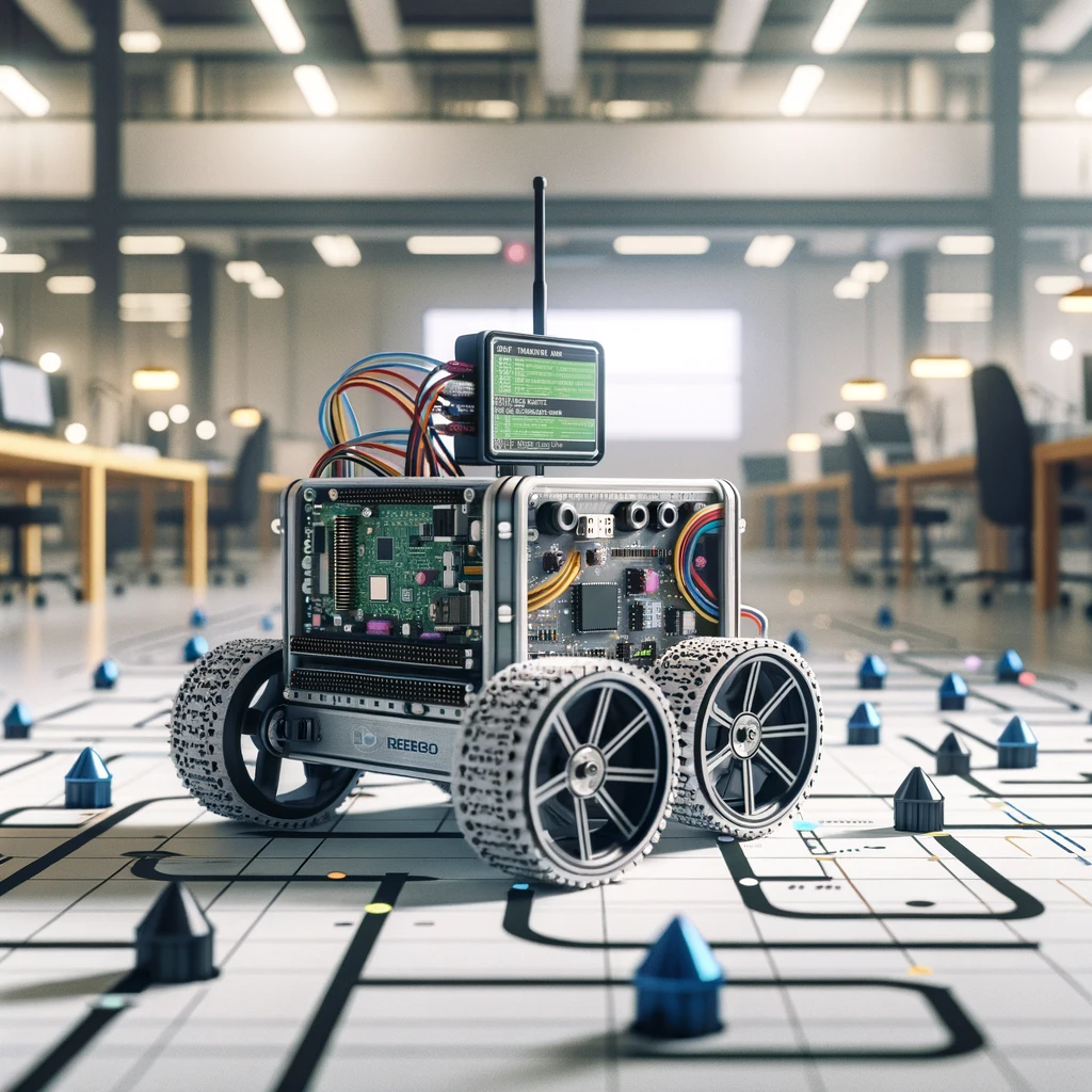 “An image of a small robot on an indoor course, displaying a scenario of waypoint navigation. The robot is equipped with various sensors and is moving towards a series of visible waypoints marked on the floor. Each waypoint is connected by a dotted line to indicate the planned path. The robot’s design includes features like a raspberry pi, mecanum wheels for omnidirectional movement, and a sleek, futuristic body. The setting is a well-lit room, possibly a lab or a workshop, with minimalistic design to keep the focus on the robot and its path. The atmosphere suggests precision, innovation, and the thrill of robotics testing.”