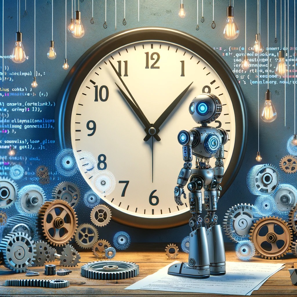 A visually engaging and slightly whimsical illustration showing a robot looking at a large clock, surrounded by gears and code snippets. The robot is depicted in a thoughtful pose, suggesting it’s planning its movements based on the timing indicated by the clock. The gears symbolize the mechanics and electronics working together, while floating code snippets around the robot represent software algorithms, task scheduling, and loop management. This scene is set in a workshop-like environment, indicating a space for creativity and technical tinkering. The overall atmosphere should convey a blend of precision, innovation, and a touch of playfulness, embodying the concept of timing and task management in robotics.