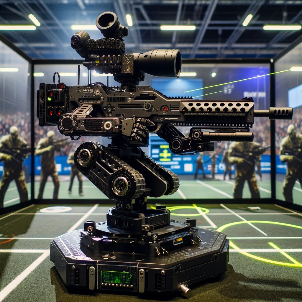 A futuristic robot equipped with a sleek, sci-fi inspired gun turret attachment, aiming at zombie targets in a simulated post-apocalyptic setting. The turret is detailed with pan and tilt capabilities, surrounded by an enclosure that gives it a stealthy appearance. The robot stands ready in a competition arena, laser pointers mounted, with the essence of precision and high-tech engineering. The scene embodies a mix of playfulness and advanced technology, capturing the spirit of innovation and challenge.