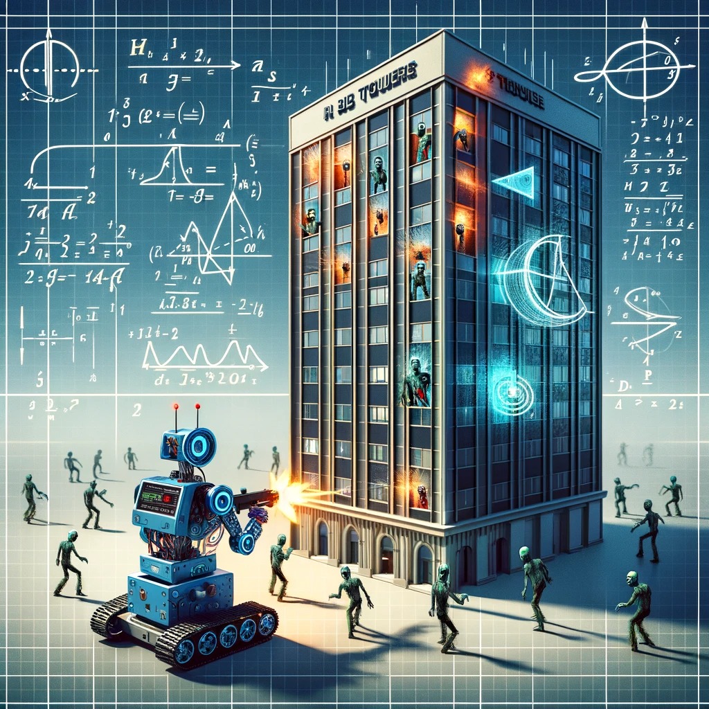 “An image that visually represents a strategic analysis of a robotic competition. The scene includes a detailed illustration of a robot aiming at targets located on different floors of a multi-story building, embodying the concept of precision and strategy. The building, stylized as ‘Pi Wars Tower’, has windows through which zombies (targets) can be seen. The robot is equipped with a firing mechanism, and mathematical formulas float above, symbolizing the analytical approach to maximizing scores. This imagery should convey the fusion of robotics, strategy, and mathematics in the context of a competition.”